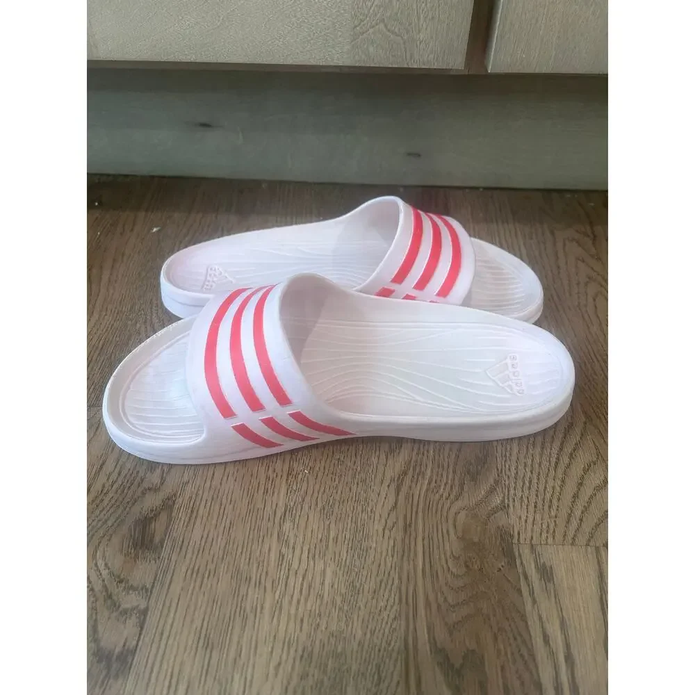 Adidas Duramo Slide Sandals White Pink 3 Stripe Sport Slip On Slides Women's 10